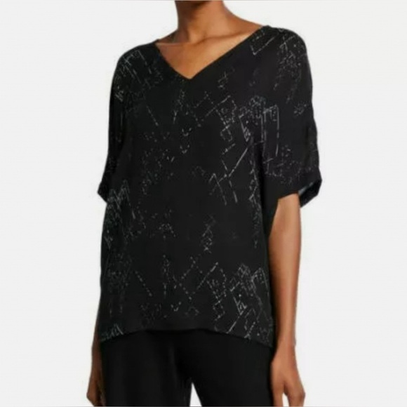 Eileen Fisher Black & White Marrakesh Printed Silk Tencel V-neck Blouse Size S - Picture 3 of 13